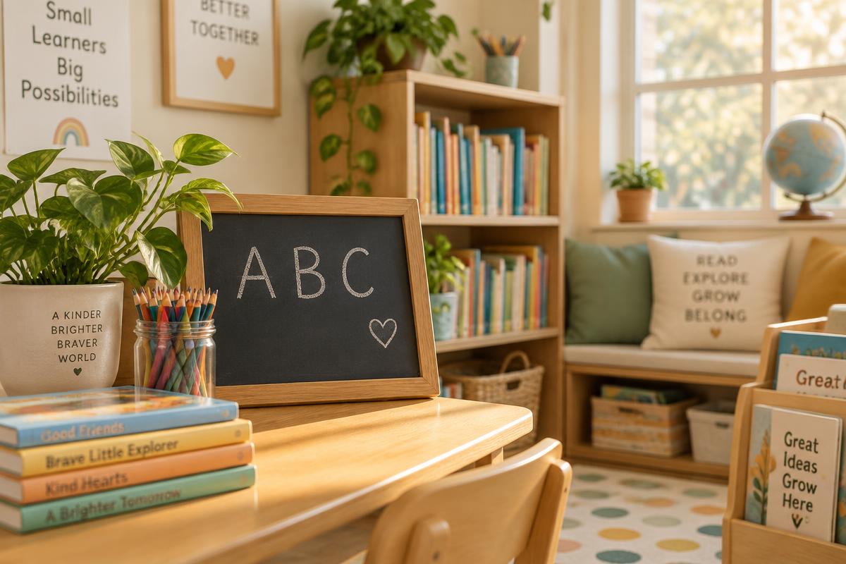 Warm elementary classroom corner with a small chalkboard showing ABC letters, colorful books, pencils, and plants